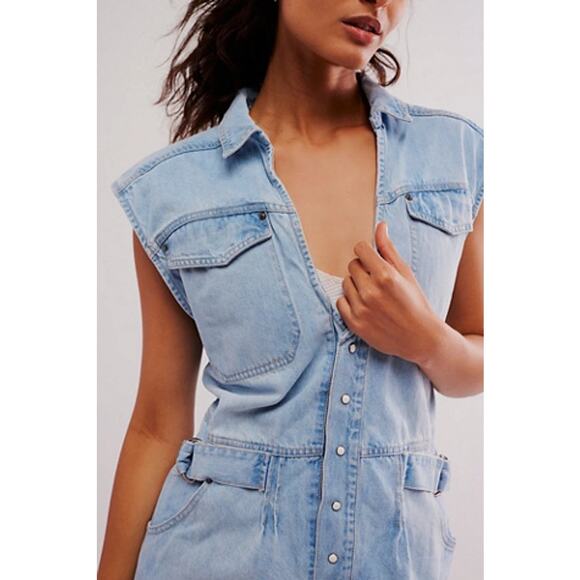New FREE PEOPLE Rowley Denim Mini Dress $168 LARGE Sunbleached Blue - Picture 2 of 7